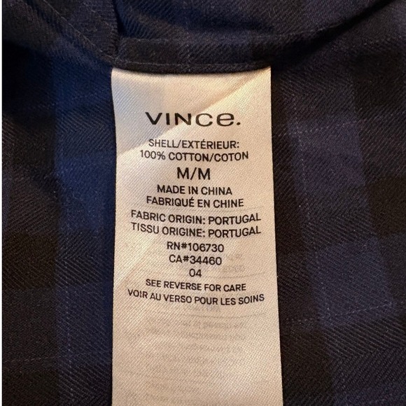 Vince Mens Flannel Button Down Shirt M Blue Black Plaid Gingham Long Sleeve - Picture 8 of 8